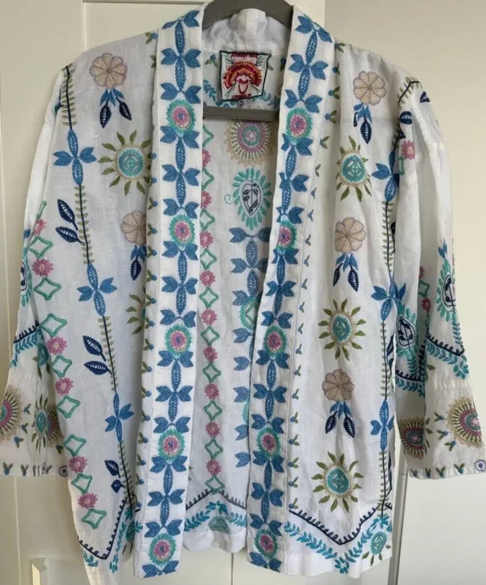 Johnny Was Linen Cropped Embroidered Kimono. Large